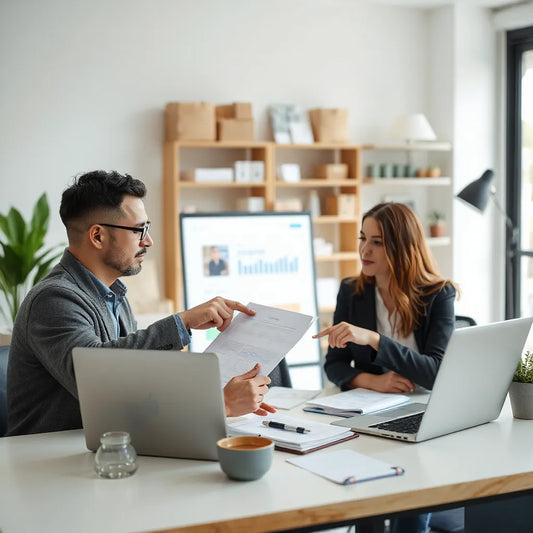 Small business team collaborating at a desk with a laptop dashboard and storefront in soft background
