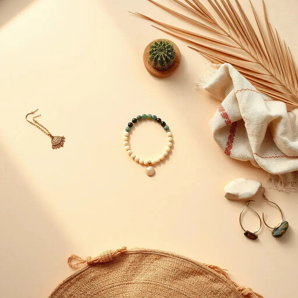 Earth-tone desert-themed accessories arranged with a small cactus, stones, and soft golden light