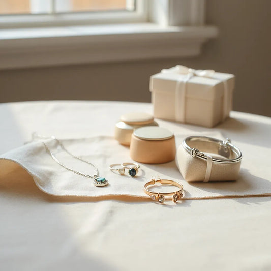 Assortment of silver necklace, earrings, and charm bracelet jewelry gifts arranged on linen.