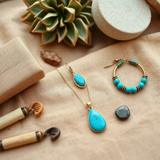 Turquoise bohemian southwestern jewelry set with necklace, earrings, and bracelet on neutral fabric
