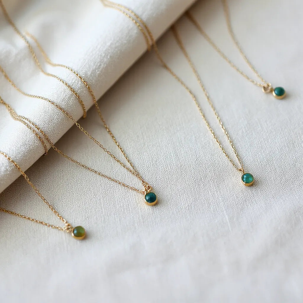 Handcrafted necklaces with delicate pendants and subtle stones arranged on neutral linen under soft light