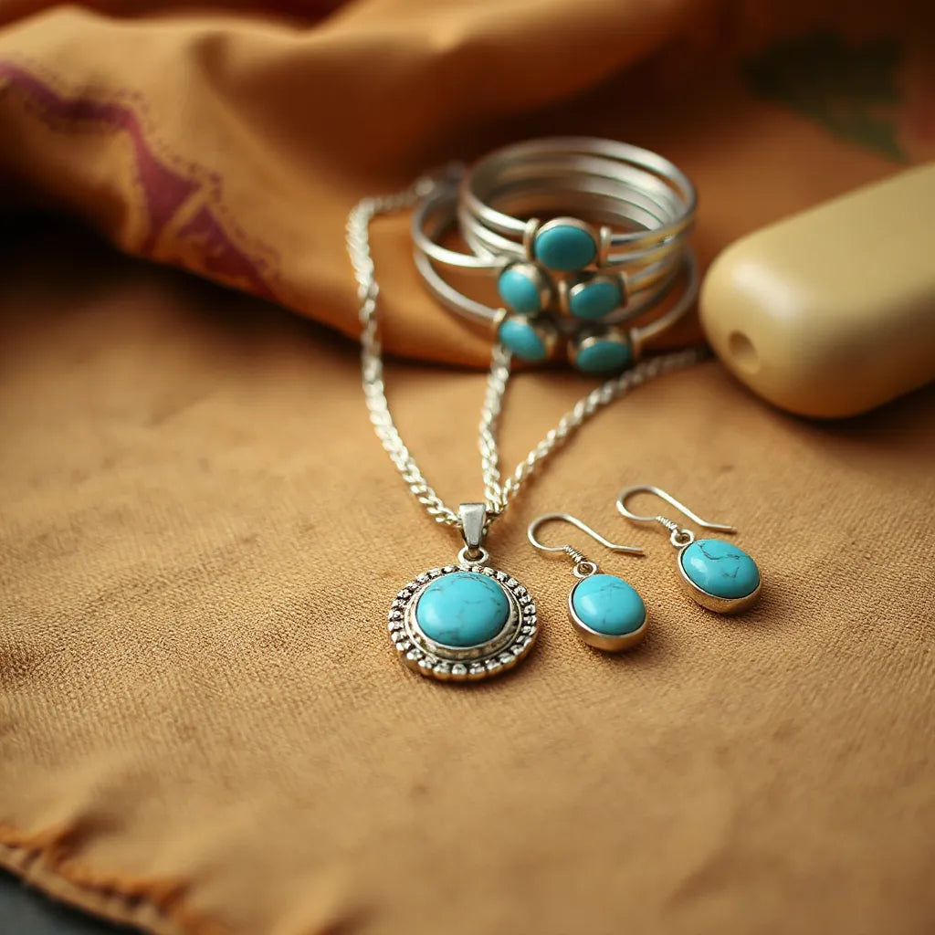Turquoise pendant, earrings, and stacked bracelets with silver accents on warm desert fabric