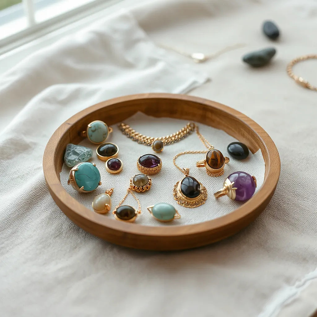 Assorted necklaces and bracelets with natural stone pendants on a neutral fabric background