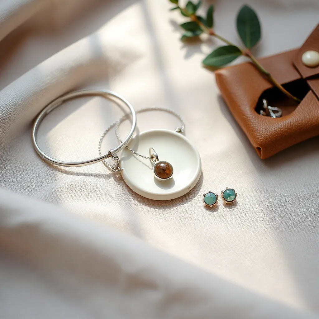 Handcrafted silver jewelry with gemstone accents arranged neatly on neutral fabric under soft natural light