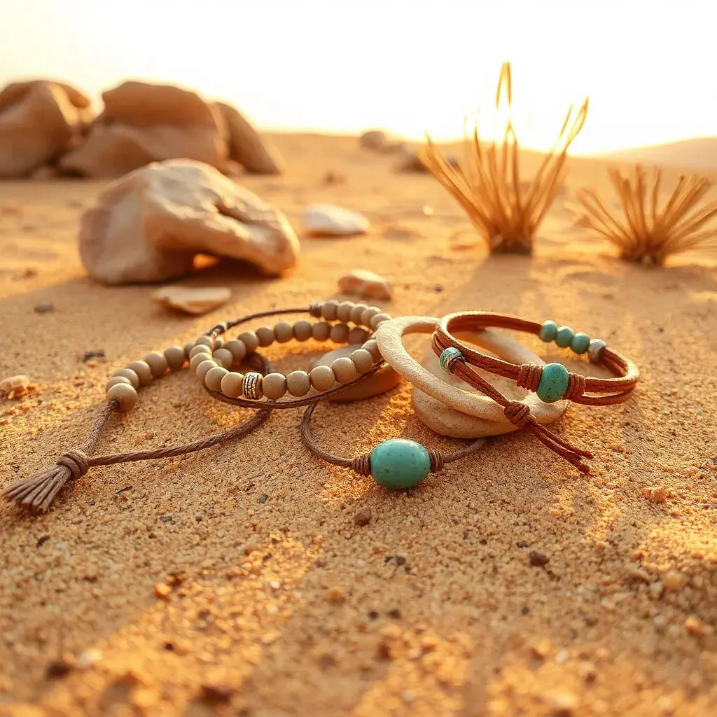 Handcrafted earthy bracelets and turquoise-like accents resting on desert sand with dried plants and stones
