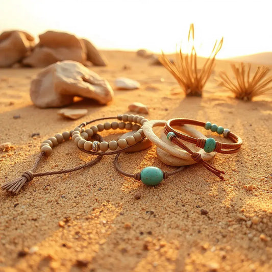 Handcrafted earthy bracelets and turquoise-like accents resting on desert sand with dried plants and stones
