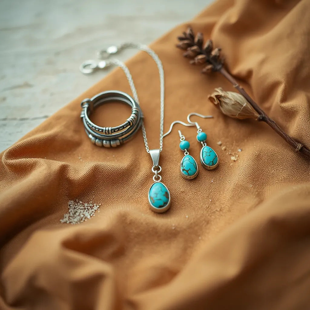 Turquoise pendant necklace, matching earrings, and layered boho bracelets with silver accents on desert fabric