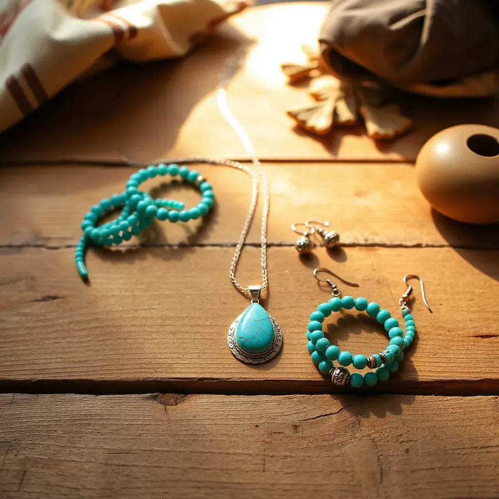 Turquoise pendant necklace and matching bohemian southwestern jewelry set on a warm desert-toned surface