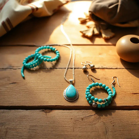 Turquoise pendant necklace and matching bohemian southwestern jewelry set on a warm desert-toned surface