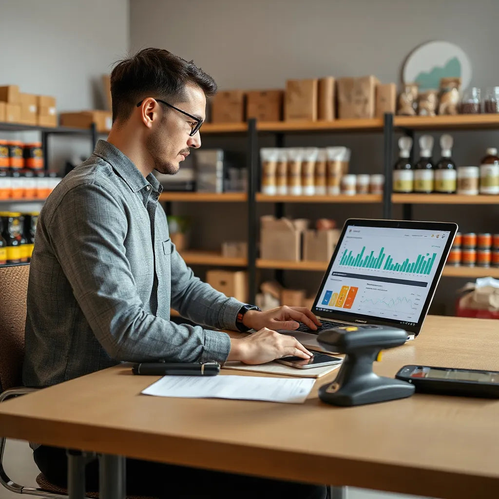 Manager reviewing digital retail dashboards while organizing products for growth and scalability