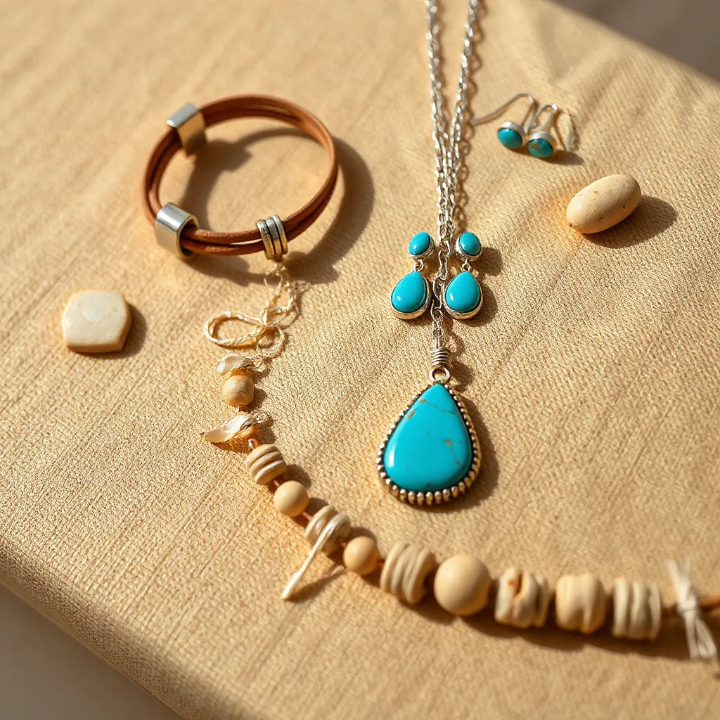 Turquoise pendant necklace, earrings, and cuff bracelet styled on woven fabric with warm desert tones
