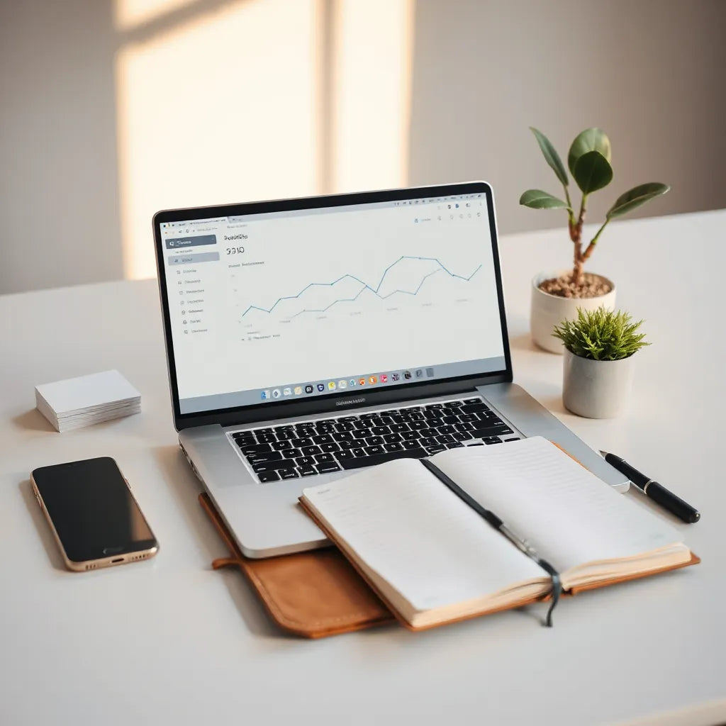 Minimal entrepreneur desk with laptop analytics, notebook, phone, and pen prepared for planning and growth