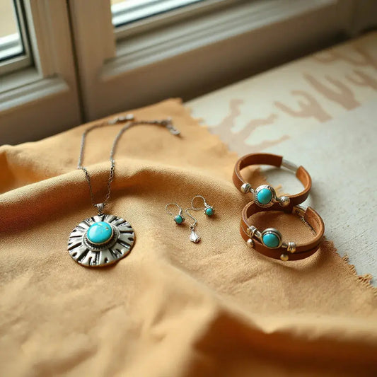 Western-inspired necklace, earrings, and bracelet with turquoise accents laid on neutral fabric