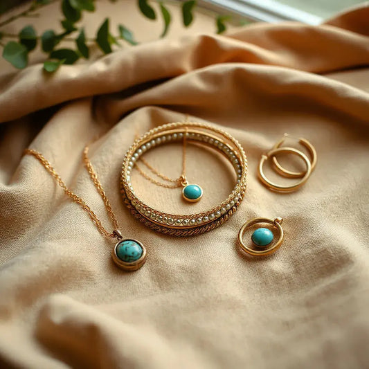 Layered boho chic necklaces, bracelets, and earrings with a turquoise accent on neutral fabric