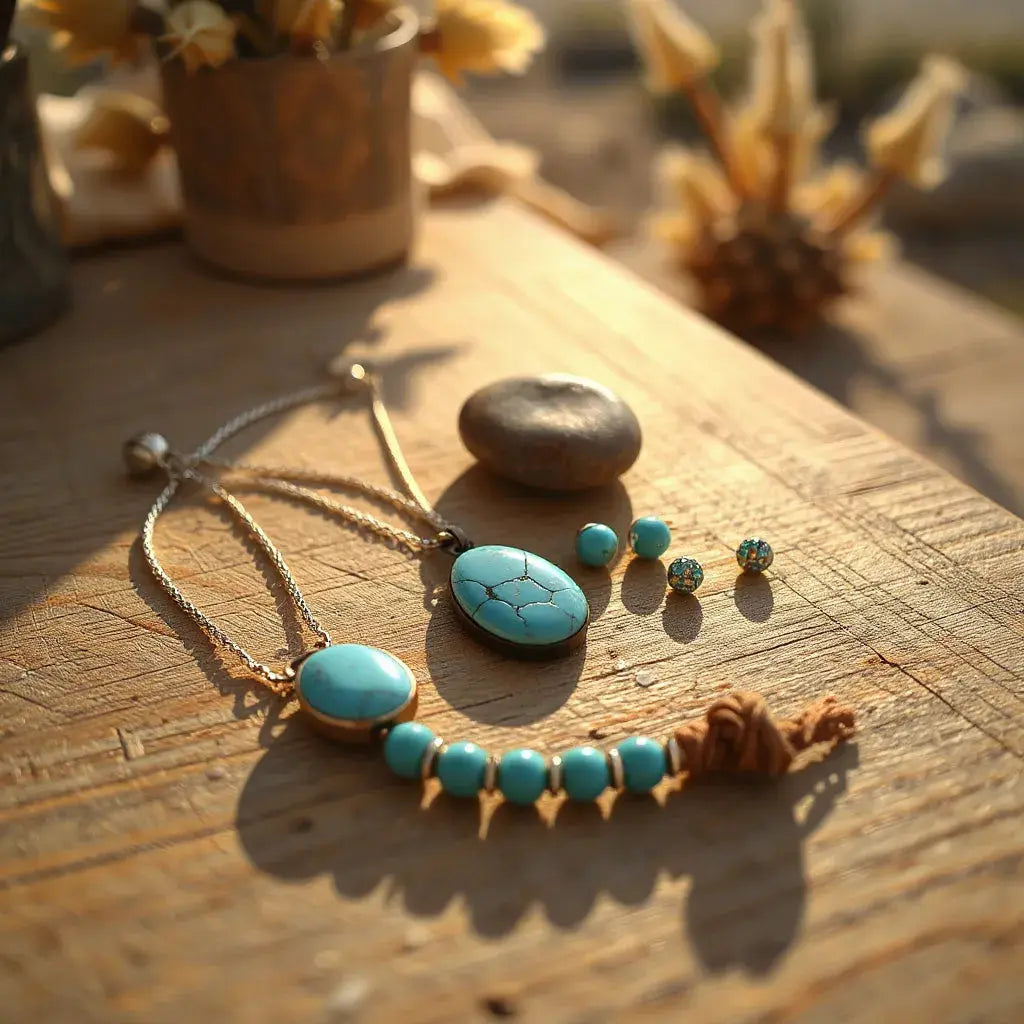 Turquoise bohemian southwestern pendant necklace and matching earrings on a warm wooden surface