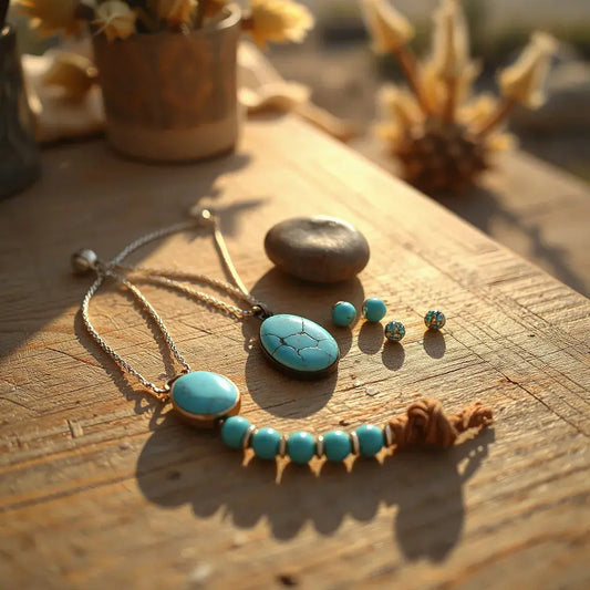 Turquoise bohemian southwestern pendant necklace and matching earrings on a warm wooden surface