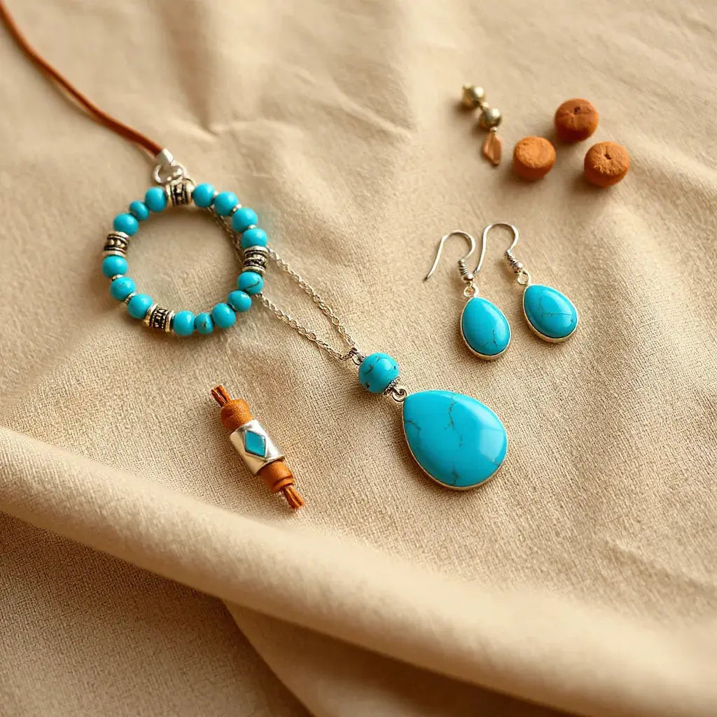 Turquoise pendant necklace, earrings, and beaded bracelet styled on desert-toned fabric
