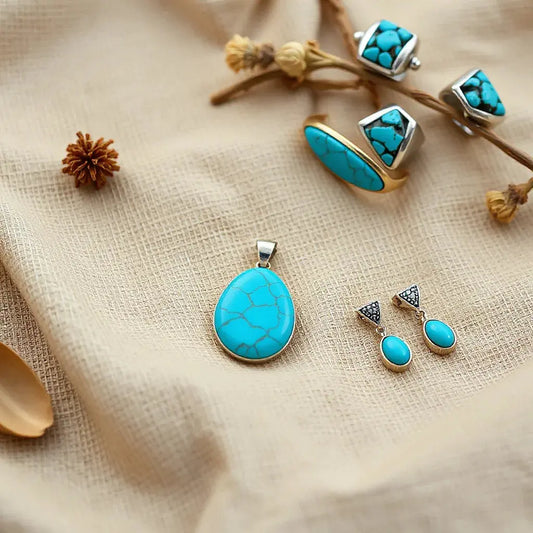 Turquoise jewelry set with pendant, cuff, and earrings laid on woven southwestern fabric