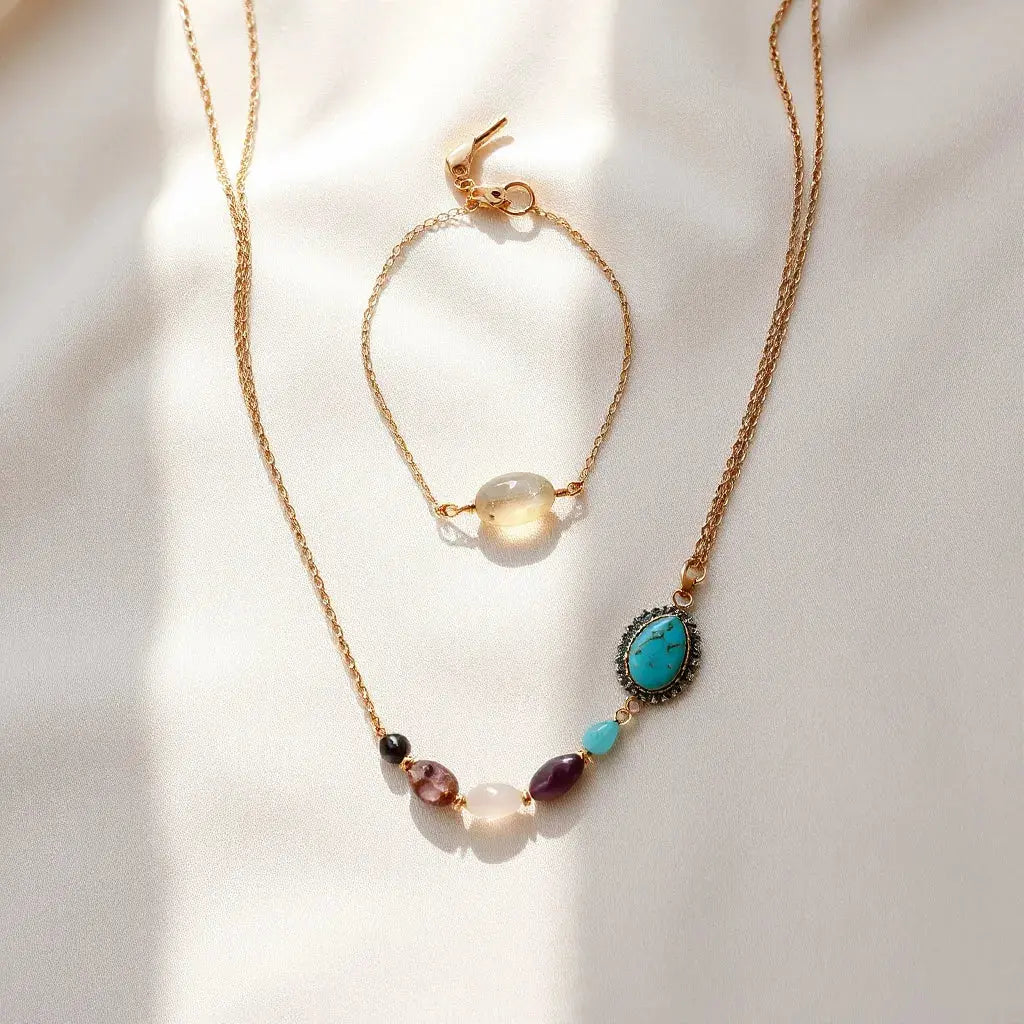 Layered gemstone necklaces with multiple lengths and assorted gemstones arranged on neutral fabric