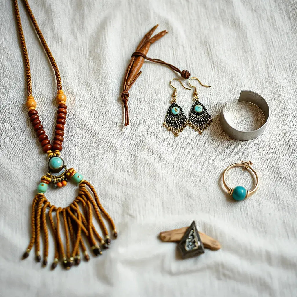 Assorted artisan necklaces, earrings, a cuff bracelet, and rings with earthy beads and subtle turquoise tones