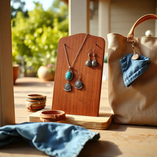 Cowgirl jewelry with turquoise pendant, concho earrings, and stacked bangles on a wooden display with denim nearby