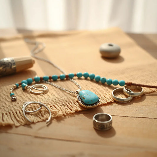Turquoise pendant necklace, bracelets, and earrings styled on a woven southwestern backdrop