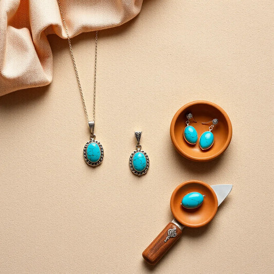 Turquoise pendant necklace, earrings, and cuff bracelet styled in a bohemian southwestern flat lay