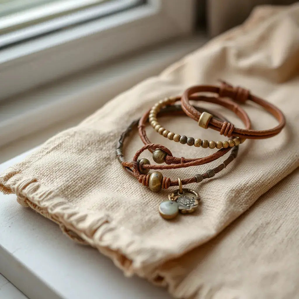 Vintage-style leather and metal bracelets with charms and beads arranged on neutral fabric