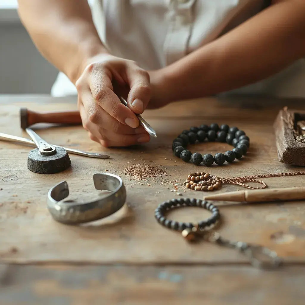 Hands shaping handcrafted jewelry on a wooden workbench with finished metal and bead pieces nearby.