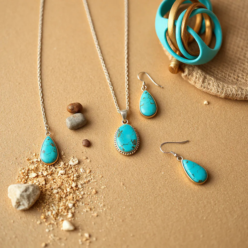 Turquoise pendant necklace and boho southwestern jewelry set with silver accents on neutral fabric