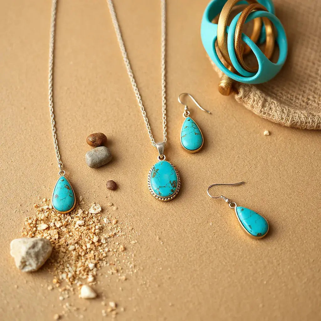 Turquoise pendant necklace and boho southwestern jewelry set with silver accents on neutral fabric