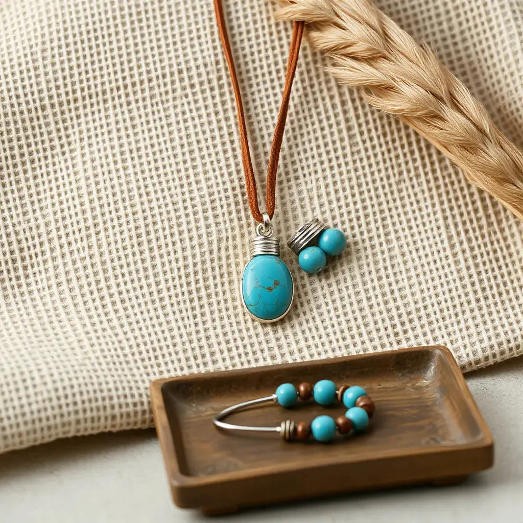 Turquoise pendants on leather cords styled on woven fabric with warm natural decor.