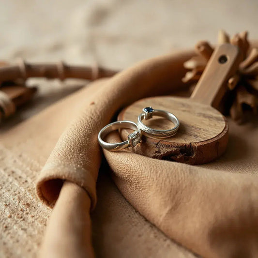 Handcrafted rings on leather with warm desert lighting and a gemstone-accented design