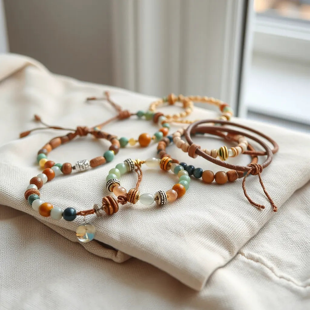 Handcrafted bracelets with beads and metal charms arranged on neutral fabric under soft natural light