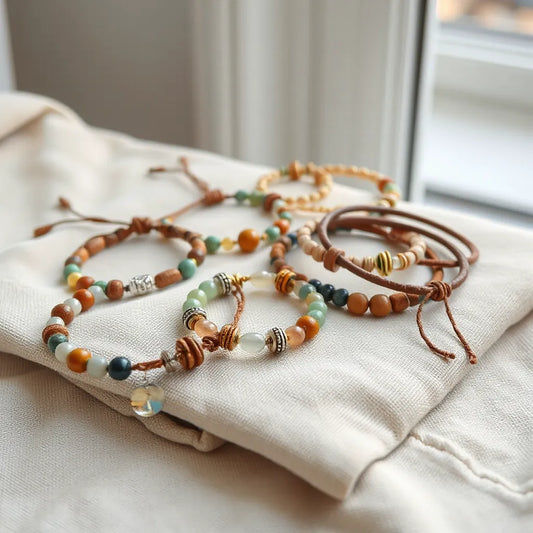 Handcrafted bracelets with beads and metal charms arranged on neutral fabric under soft natural light