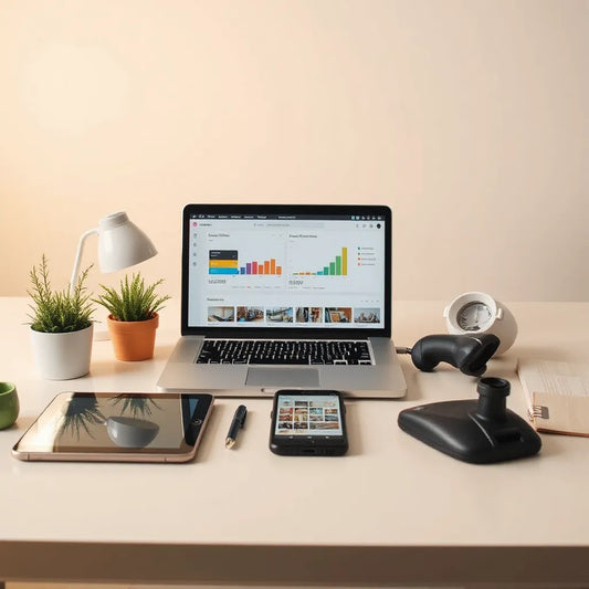 Laptop and mobile devices showing generic retail operations dashboards, with barcode scanner on a store desk