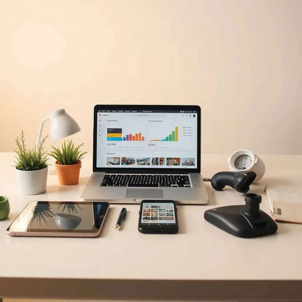 Laptop and mobile devices showing generic retail operations dashboards, with barcode scanner on a store desk