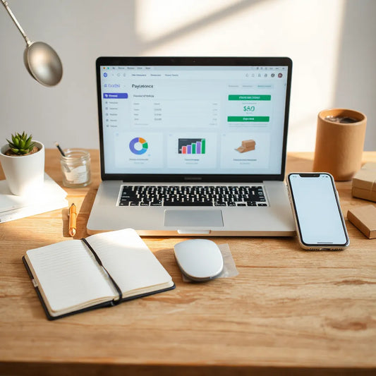 Person planning an online business on a laptop with shipping supplies on a home office desk