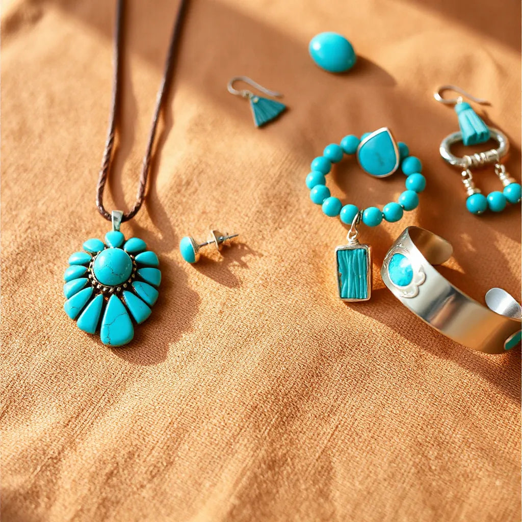 Turquoise pendant necklace, earrings, and stacked bracelets laid on desert-toned fabric with soft sunlight.