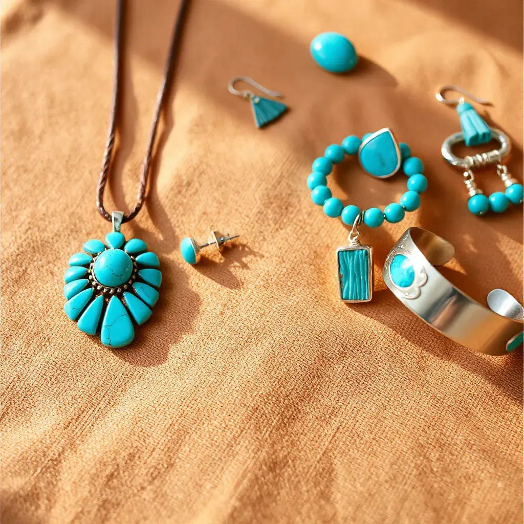 Turquoise pendant necklace, earrings, and stacked bracelets laid on desert-toned fabric with soft sunlight.