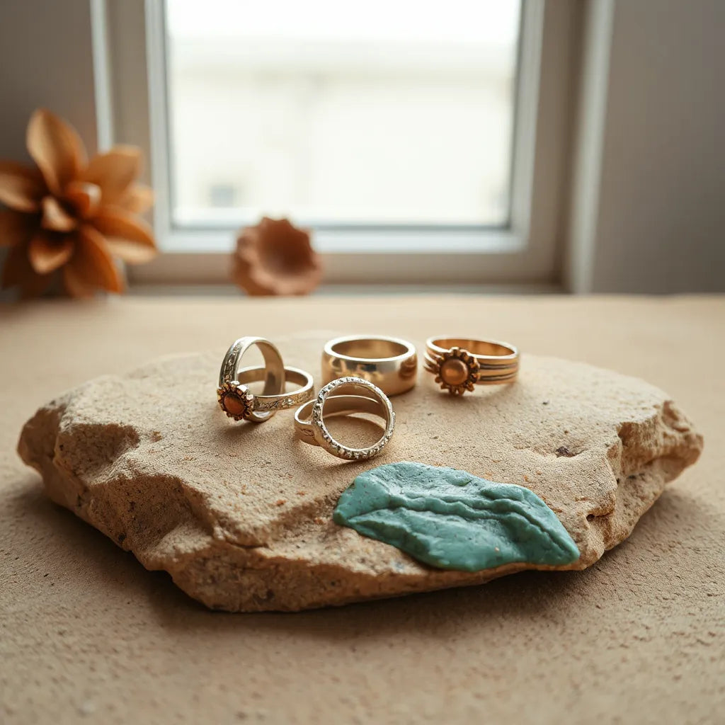 Desert-inspired rings with sunburst textures and earthy accents on warm sandstone