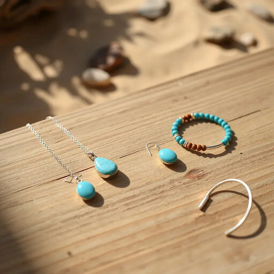 Turquoise pendant necklace, earrings, and bracelets arranged on a desert-toned wooden surface