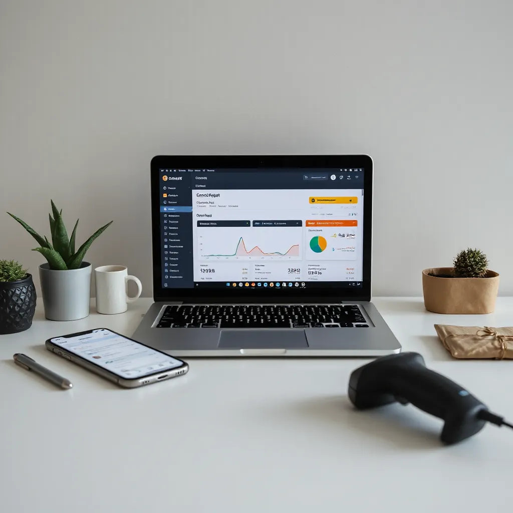Laptop and phone displaying clean e-commerce dashboard interfaces beside small shipping items