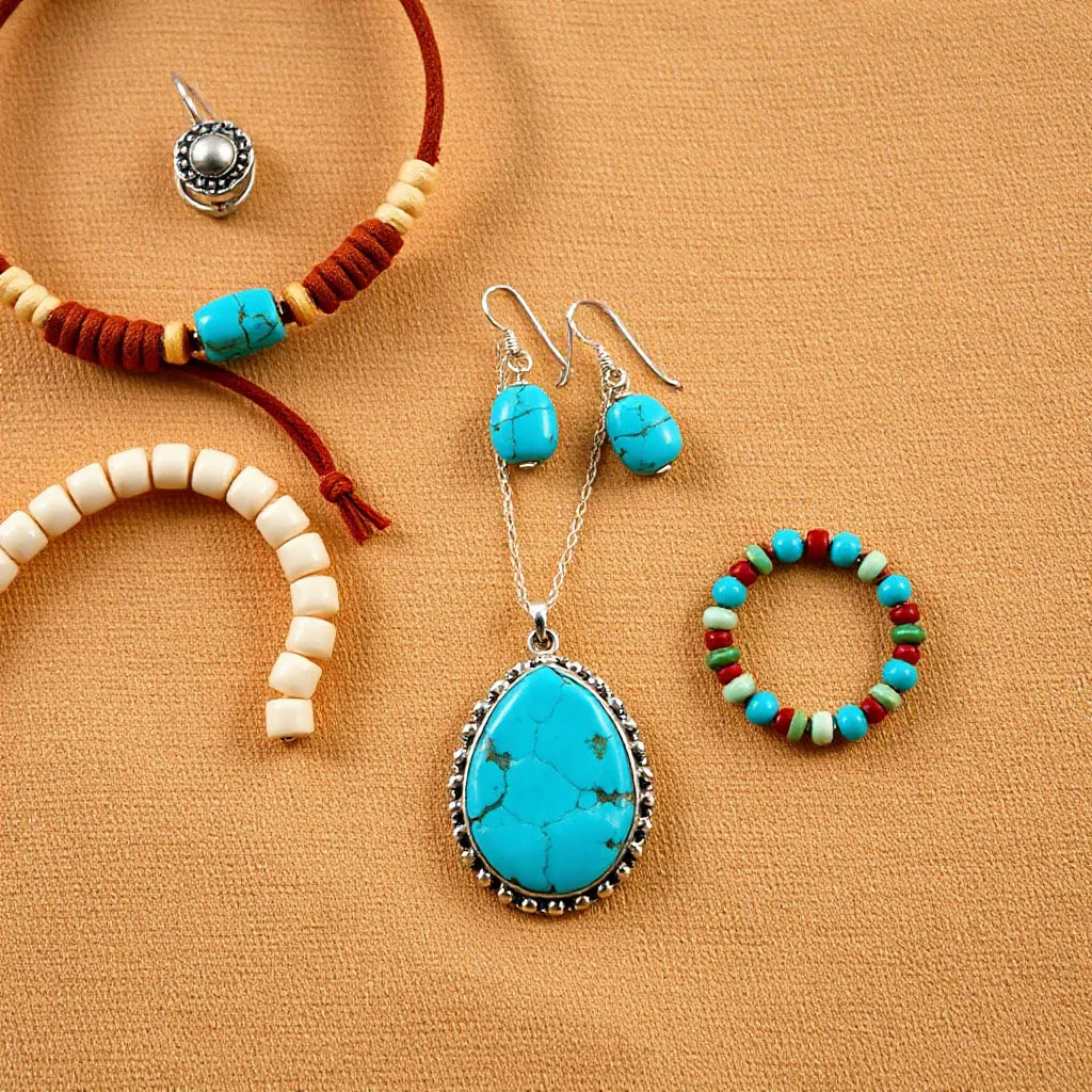 Turquoise pendant necklace, earrings, bracelet, and rings styled in a bohemian southwestern flat lay