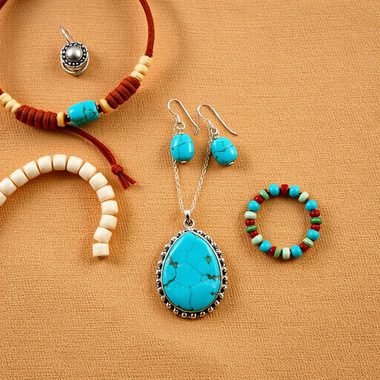 Turquoise pendant necklace, earrings, bracelet, and rings styled in a bohemian southwestern flat lay