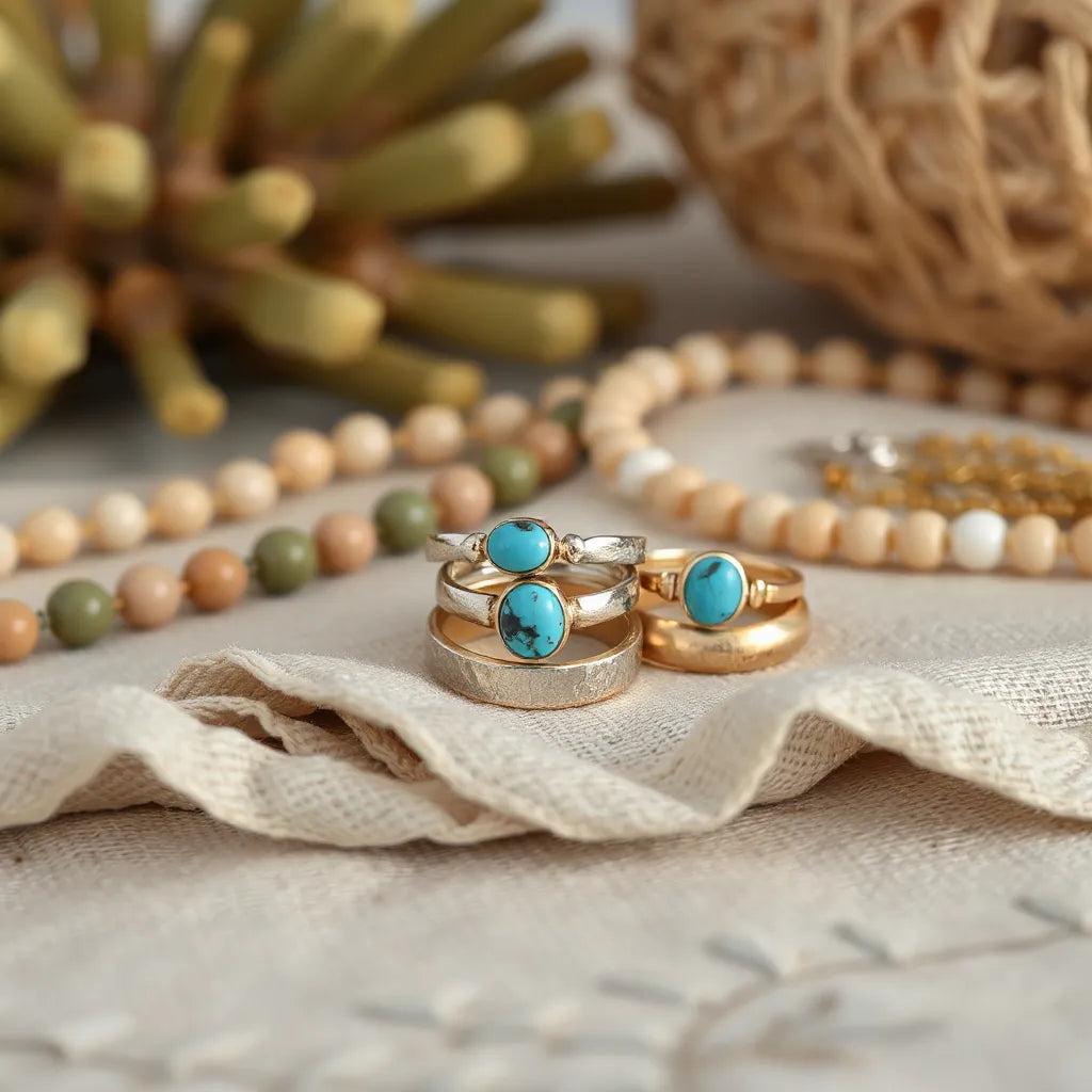 Assorted bohemian style rings with turquoise-like stones stacked on linen under warm lighting