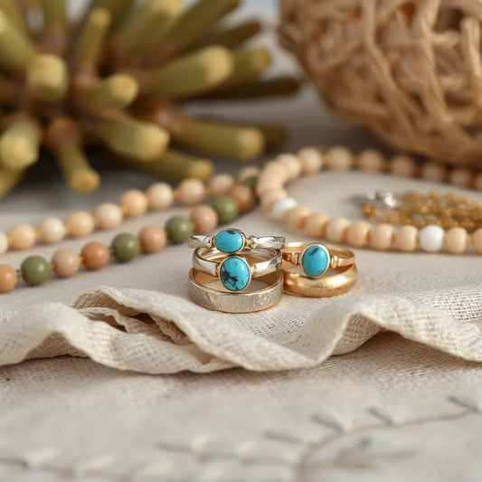 Assorted bohemian style rings with turquoise-like stones stacked on linen under warm lighting
