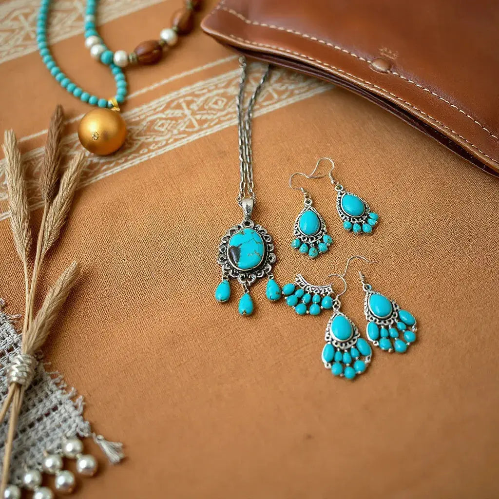 Turquoise pendant necklace, earrings, and beaded bracelet styled on desert fabric with southwestern texture.