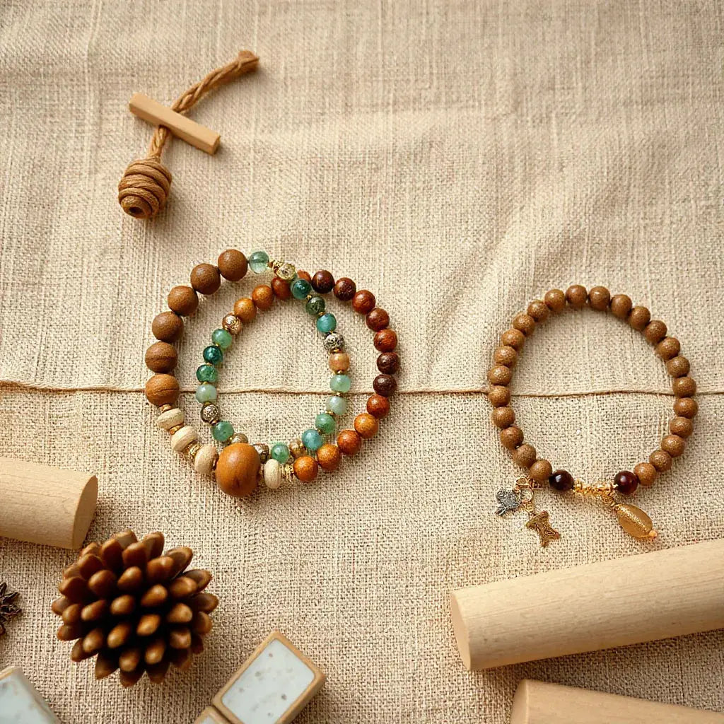Layered beaded bracelets with wood and glass beads arranged on neutral fabric in natural light
