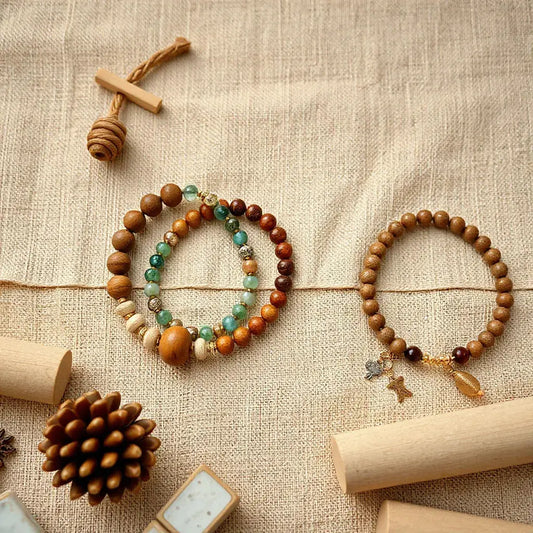 Layered beaded bracelets with wood and glass beads arranged on neutral fabric in natural light